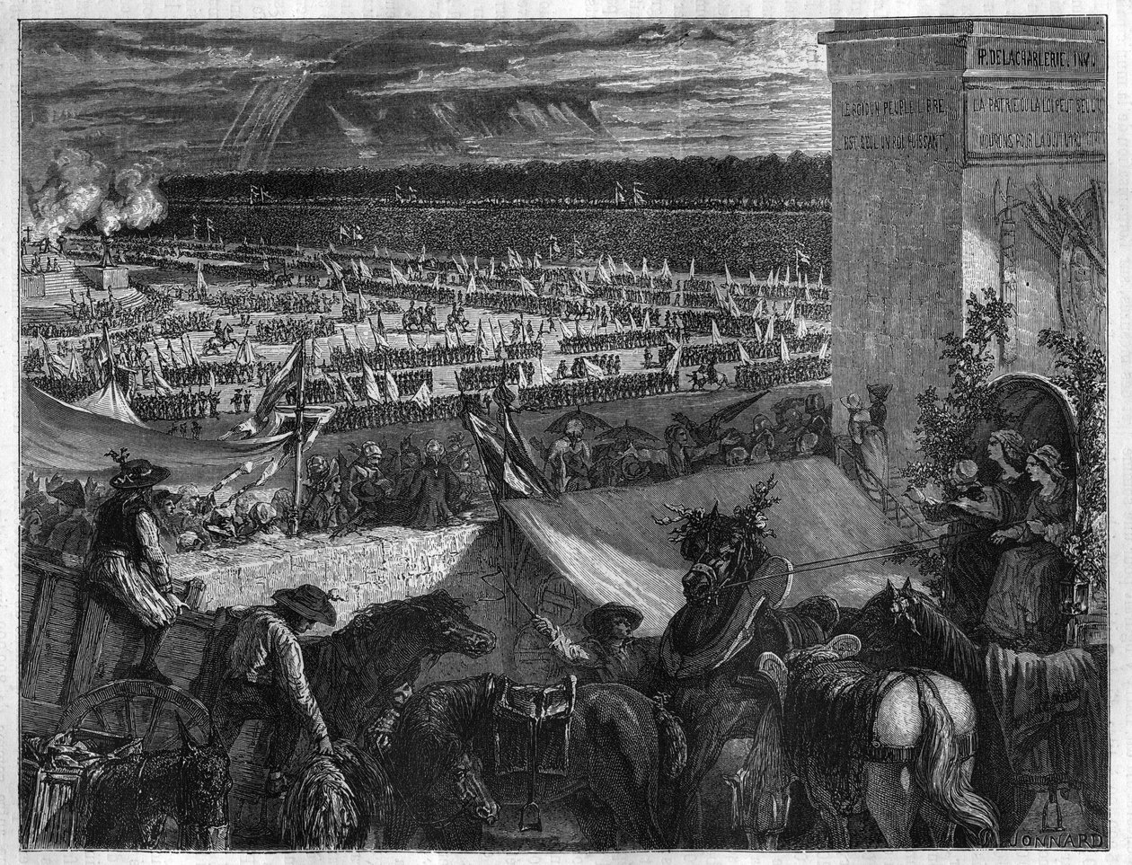 Forbundets fest på Champ de Mars i Paris på ettårsdagen for erobringen av Bastillen 14. juli 1790. Gravering i «Histoire des Papes-Rois-Queen and Empereurs a travers les centuries» av Maurice Lachatre av French School