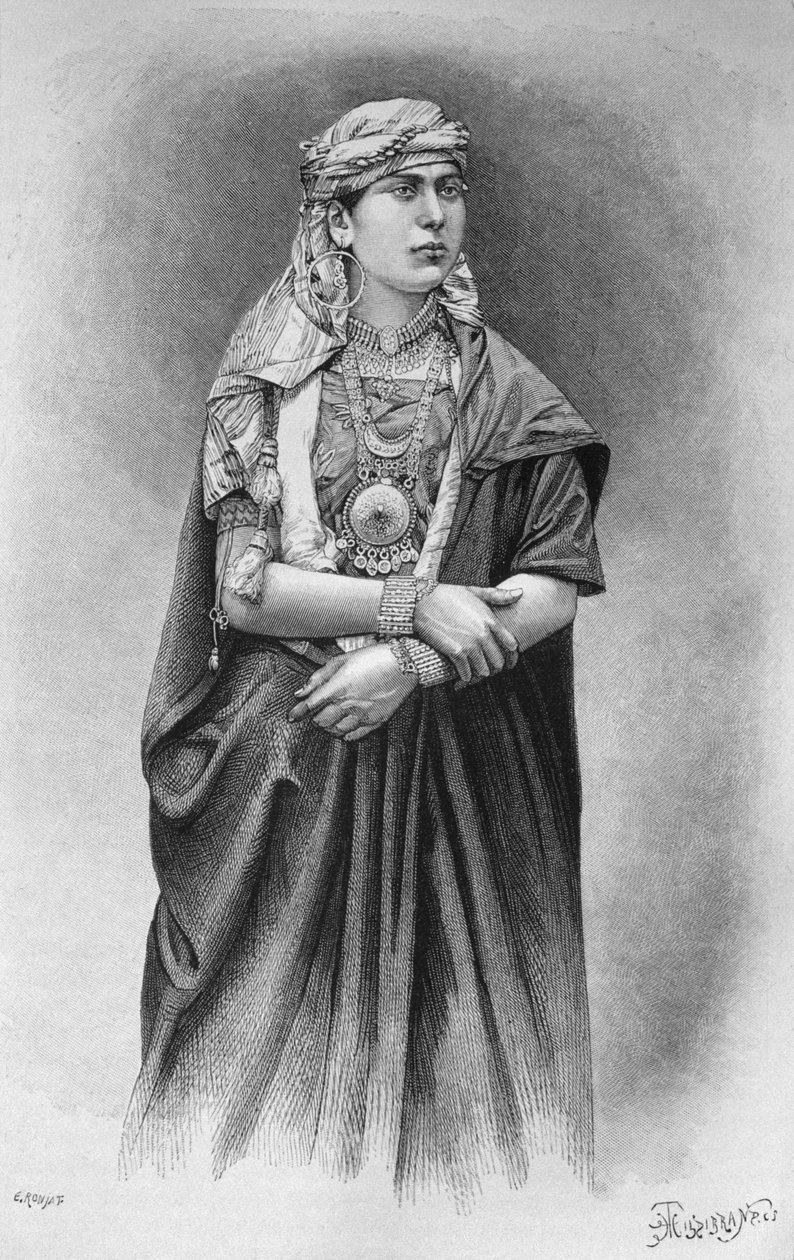 Fellaheen-jente iført en seremoniell kjole, fra Syria i dag. Reiser i Fønikia, Libanon og Judea. 1875-1880 av Louis Charles Emile Lortet, 1884 (bw gravering) av French School