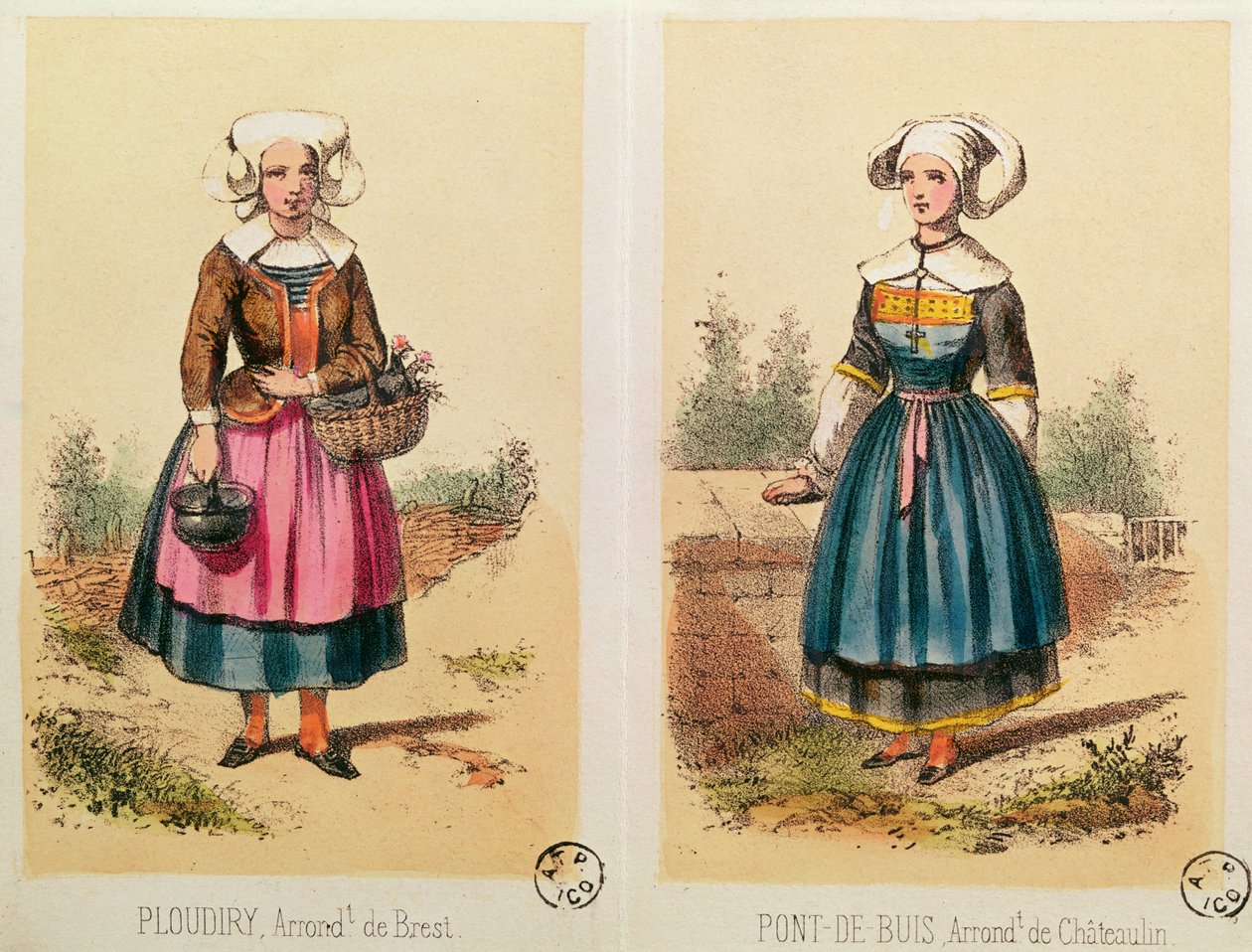 Kvinnelige kostymer fra Ploudiry og Pont de Buis, fra Les Costumes Bretons de Sorrieu av French School