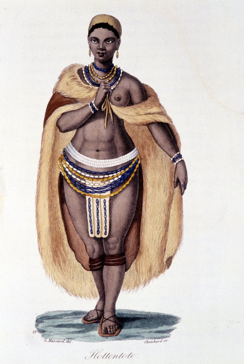 Hottentotkvinne (Hottentot Venus) i tradisjonell drakt - i "" Bibliotheque universelle des voyages"" av Albert Montémont, red. Armand Aubree av French School