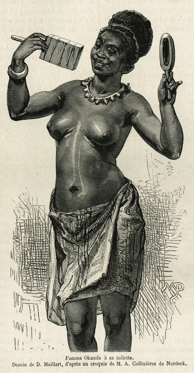 Femme Okanda har toalettet sitt, tegnet av D.Maillard, for å illustrere historien om en tur til Gabon og elven Ogoue, i 1875-1877, av Alfred Marche. Gravering i Le tour du monde av French School