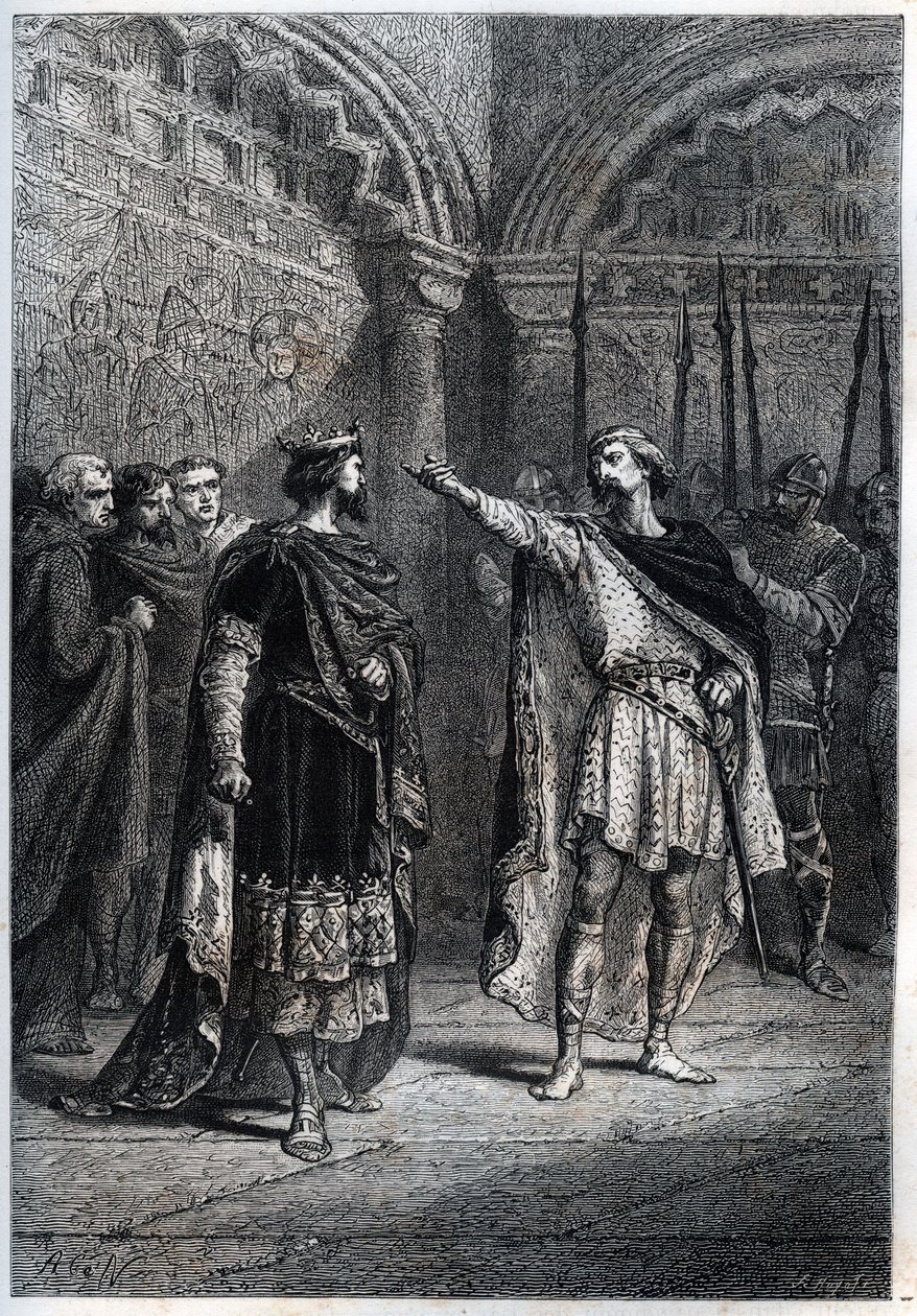 Feodalt regime: «Hvem gjorde deg til konge? "" : Audebert (Adalbert), greve av Perigord (968-995), svarer uforskammet på kong Hugues Capet (938-996) som spurte ham hvem som fikk ham til å telle - Gravering av dekk av "Histoire de France" av Guizot av French School