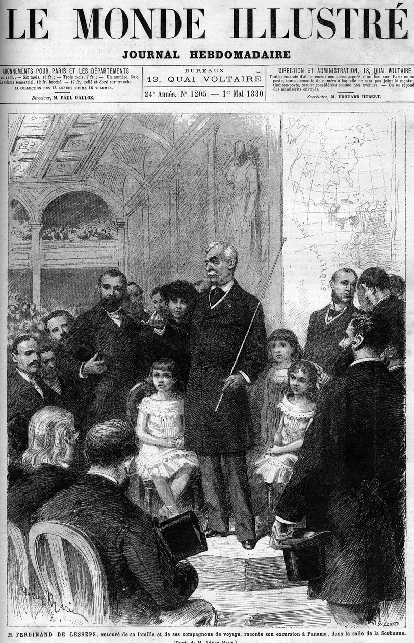 Ferdinand de Lesseps er omgitt av sin familie og reisefølge, og forteller om turen til Panama i Salle de la Sorbonne. Forside av "Illustrous World" fra 1880. av French School