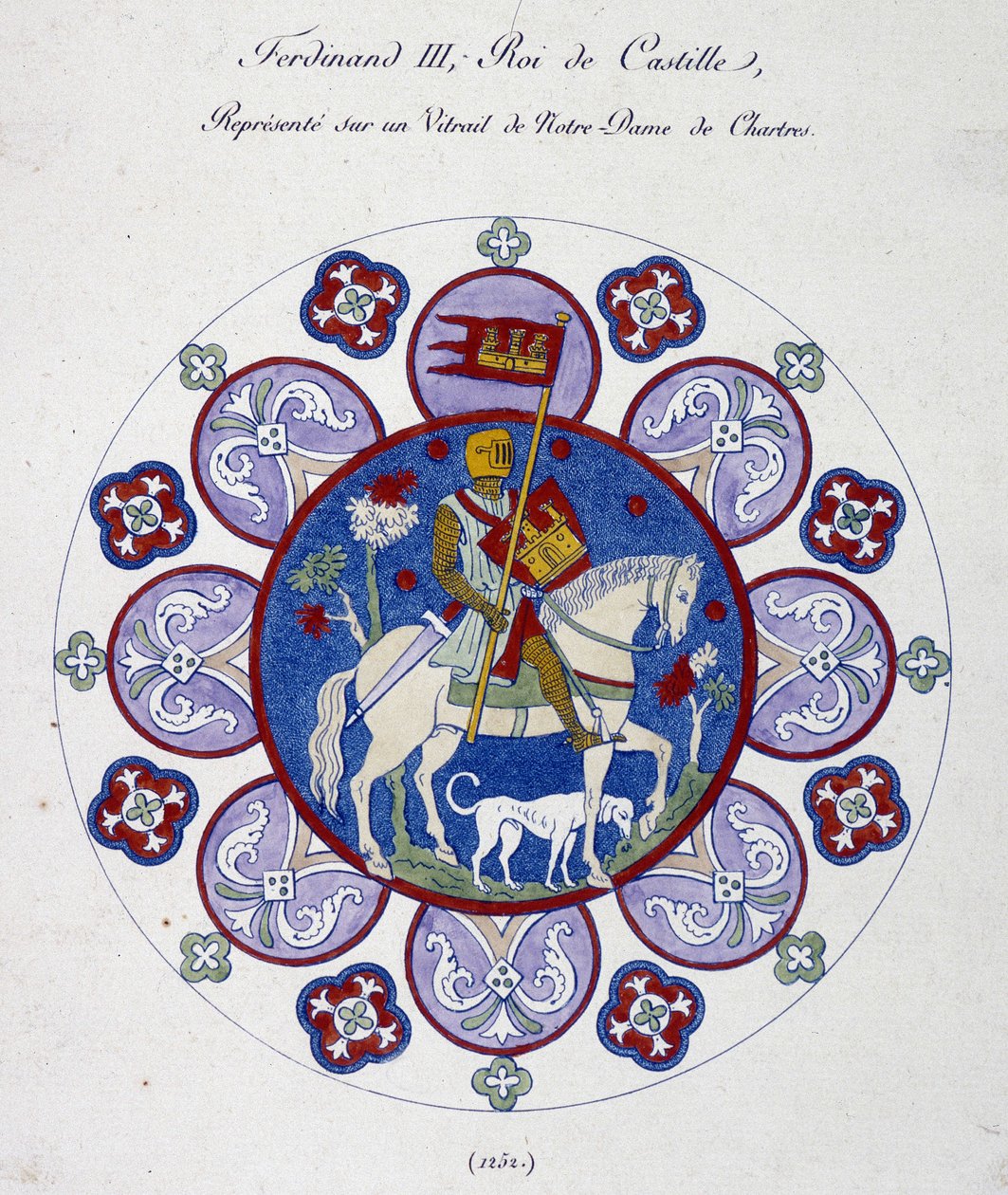 Fernand III, kongen av Castilla, representerer på et glassmaleri av Notre Dame de Chartres (1252). College-liknelse. av French School