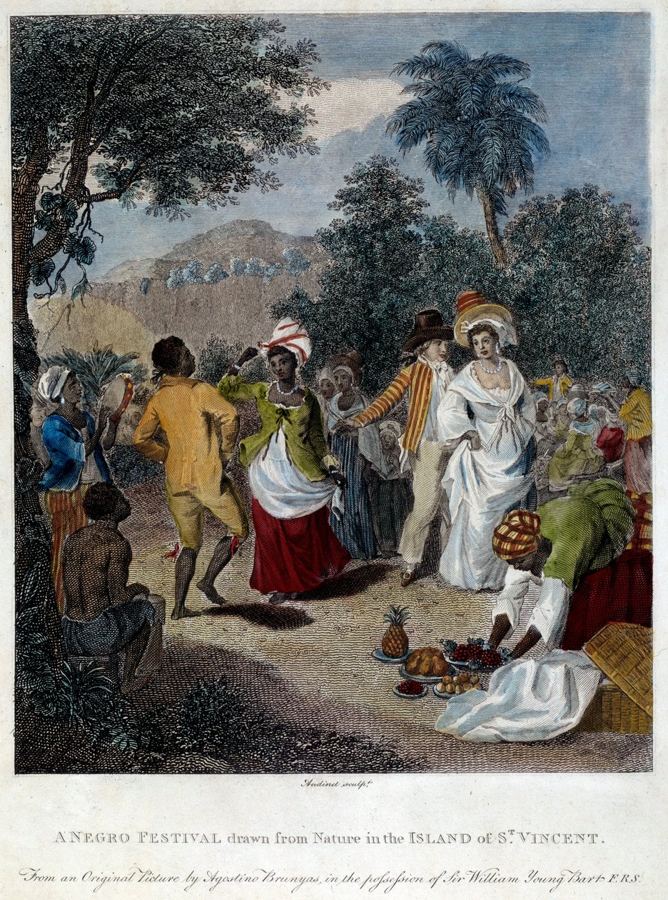Fete negre på øya Saint Vincent (Sentral-Amerika, Antillene). Gravering av 1800-tallet. Chartres, Museum of Fine Arts av French School