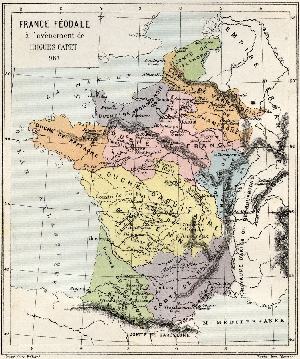 Føydalisme - Frankrike Føydalisme ved ankomsten av Hugues Capet - 987 - gravering fra "" Frankrikes historie fortalt til mine barnebarn"" - av Francois Guizot - 1872-1876 av French School