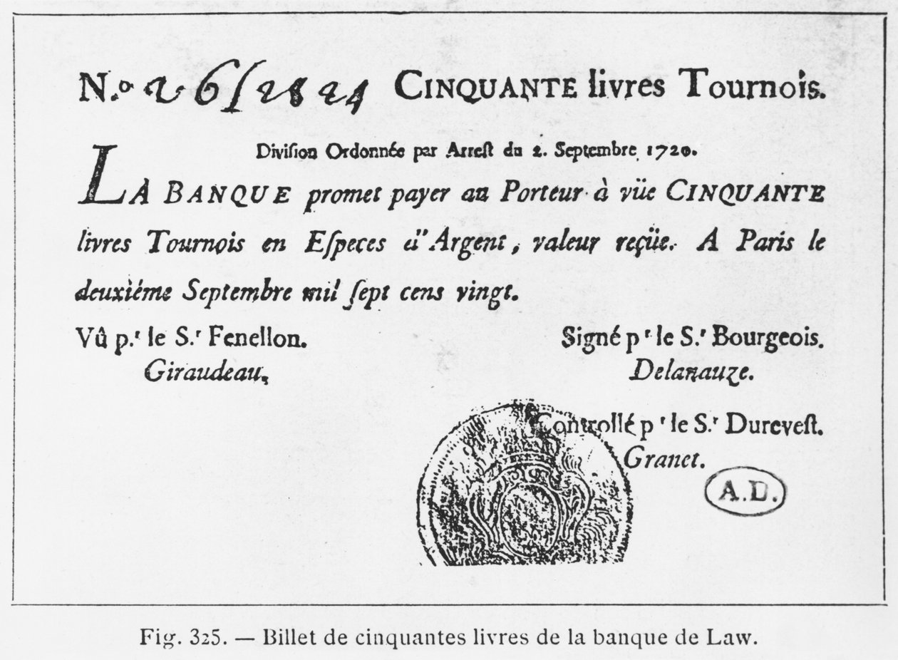 Fransk femti pundseddel fra Law Bank, datert 2. september 1720 av French School