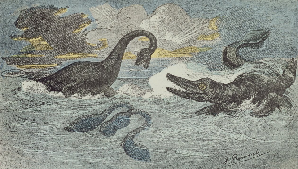 Kamp mellom en Plesiosaurus og en Ichthiosaurus i lias- eller juraperioden (208 til 146 millioner år siden), 1880 (fargegravering) av French School