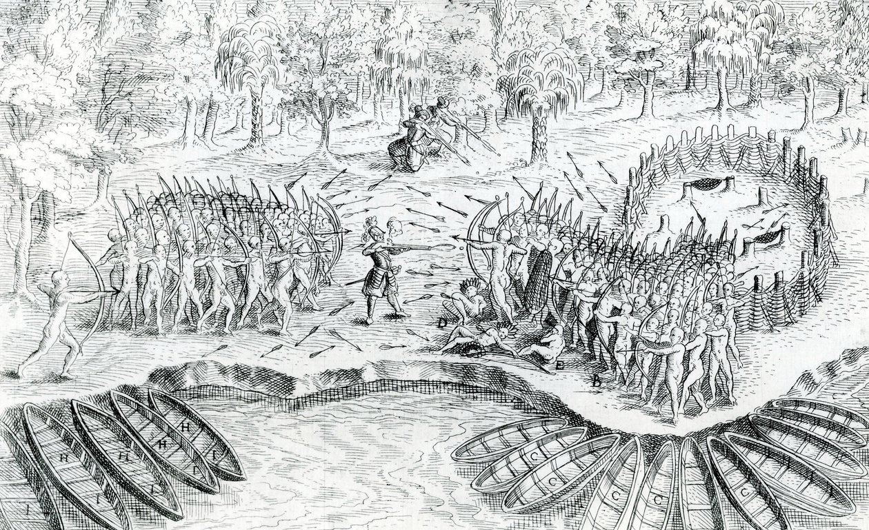 Fighting of Hurons, fra Voyage de Champlain i 1624 av Samuel de Champlain, 1567-1635 av French School