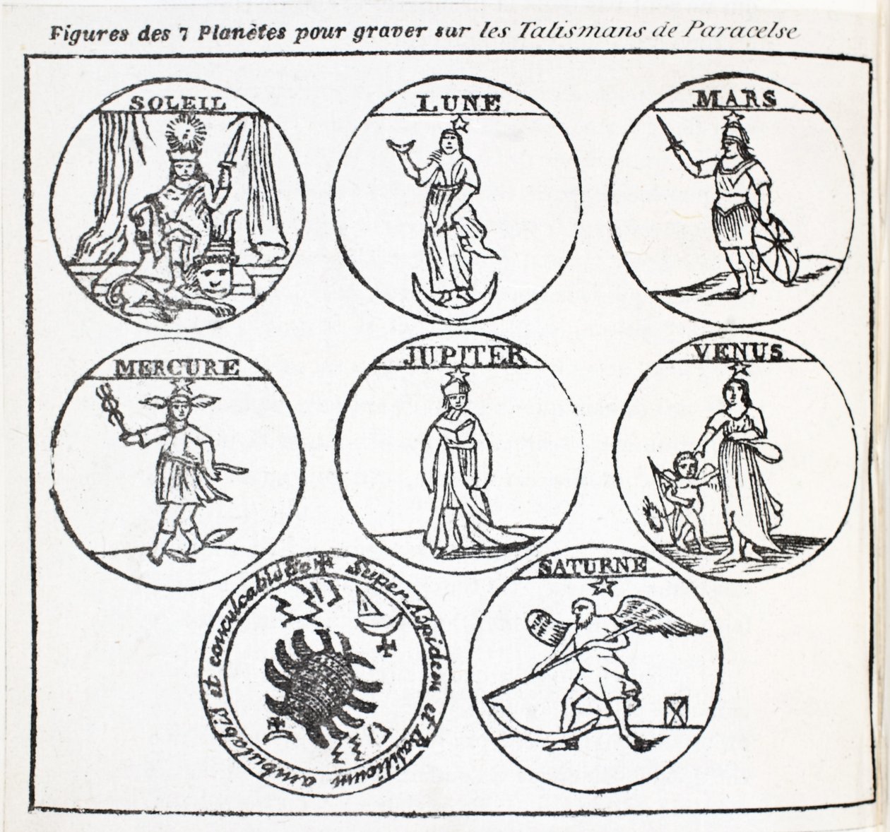 Figurer av de 7 planetene som skal graveres på Talismanene i Aracelse av French School