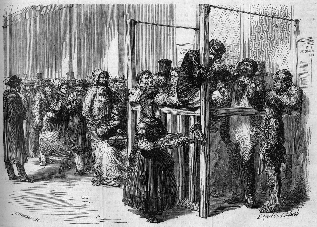 Still deg i kø ved en skranke i rue Mont Thabor i Paris for å abonnere på det nasjonale lånet på tre hundre og femten millioner lansert av den franske regjeringen i 1864. Gravering i ""Le Monde Illustre"" nr. 355 av 30. januar 1864. av French School