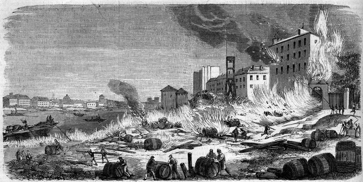 Brann i vinlagre i Bercy 5. august 1860. Gravering i “” Le Monde Illustré”” nr. 174 av 11. august 1860. av French School