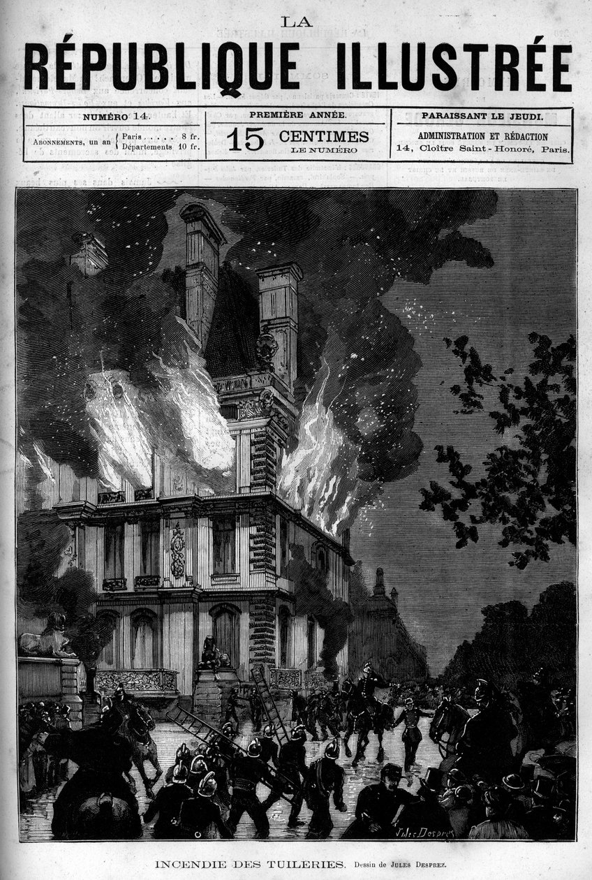 Brann fra Flore-paviljongen i Tuileriene i Paris. En avis. Gravering fra 1880 i "La republique illustree"" privatsamling. av French School