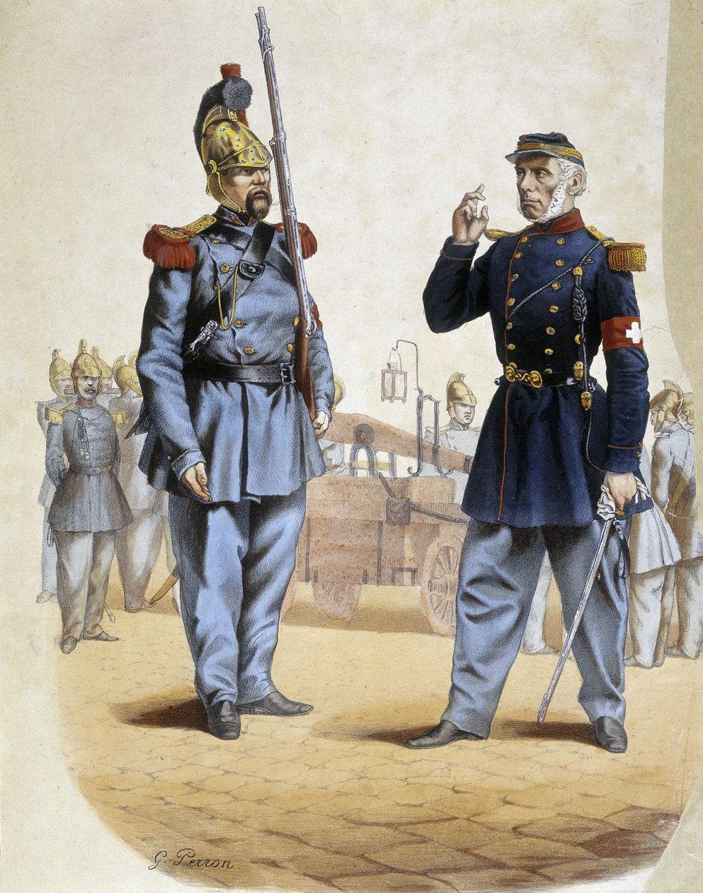 Brannmenn i 1860 - tegning av Perron, Arts Deco av French School