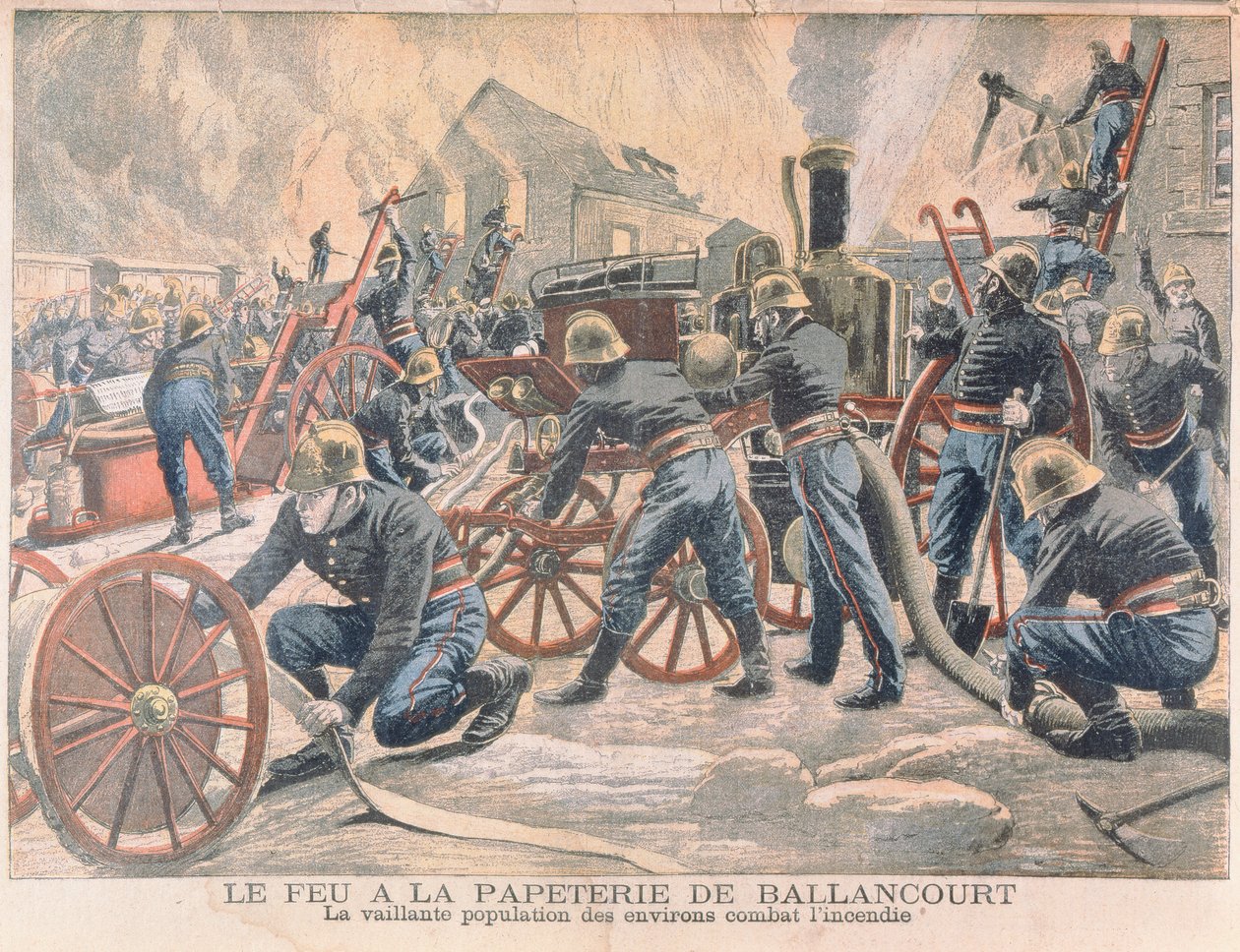 Brannmenn som bekjemper en brann ved en papirfabrikk i Ballancourt, fra Le Petit Journal, 1905 av French School