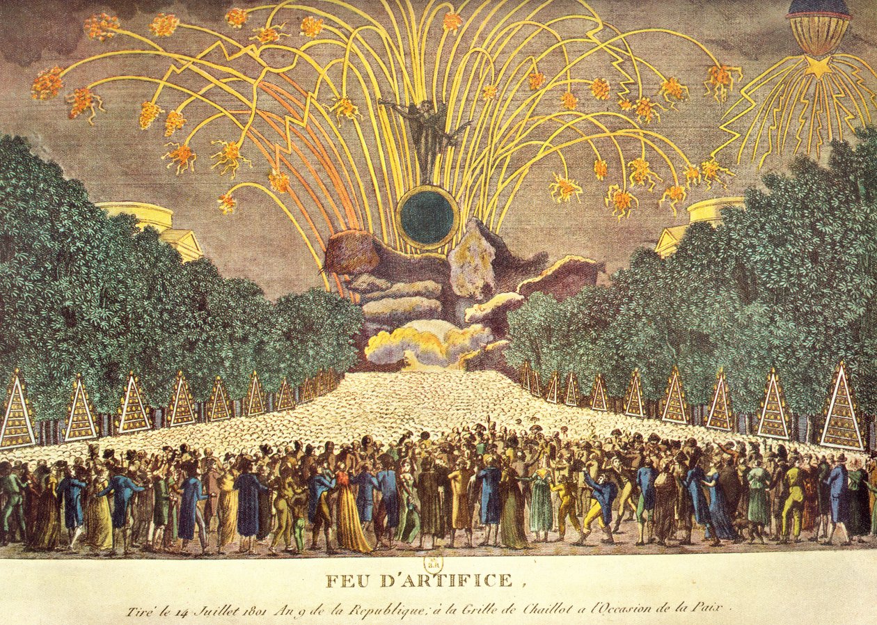 Fyrverkeri på Grille de Chaillot i Paris for å feire fred, 14. juli 1801 av French School