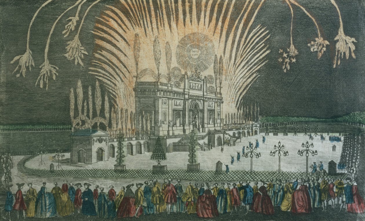 Fyrverkeri i Green Park for å feire signeringen av Paris-traktaten i 1763 av French School