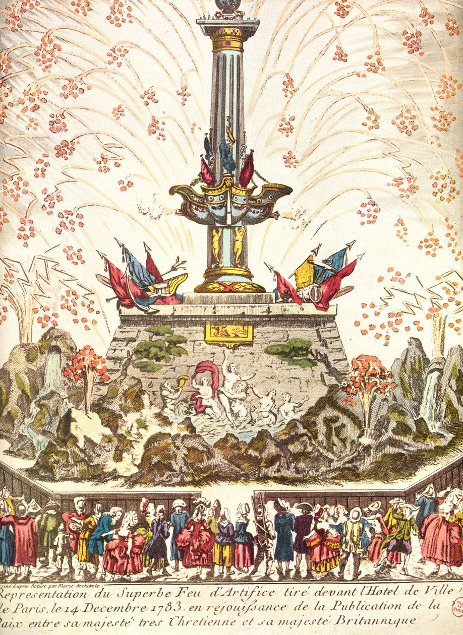 Fyrverkeri foran Hotel de Ville i Paris for å feire Versailles-freden, 14. desember 1783 av French School