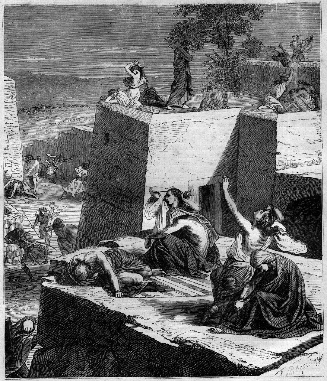 First Crusade (1096-1099): The German Crusades crush the Hungarians and set the cities on fire. Engraving in “Histoire des Papes-Rois-Queen and Empereurs a travers les centuries”” by Maurice Lachatre av French School