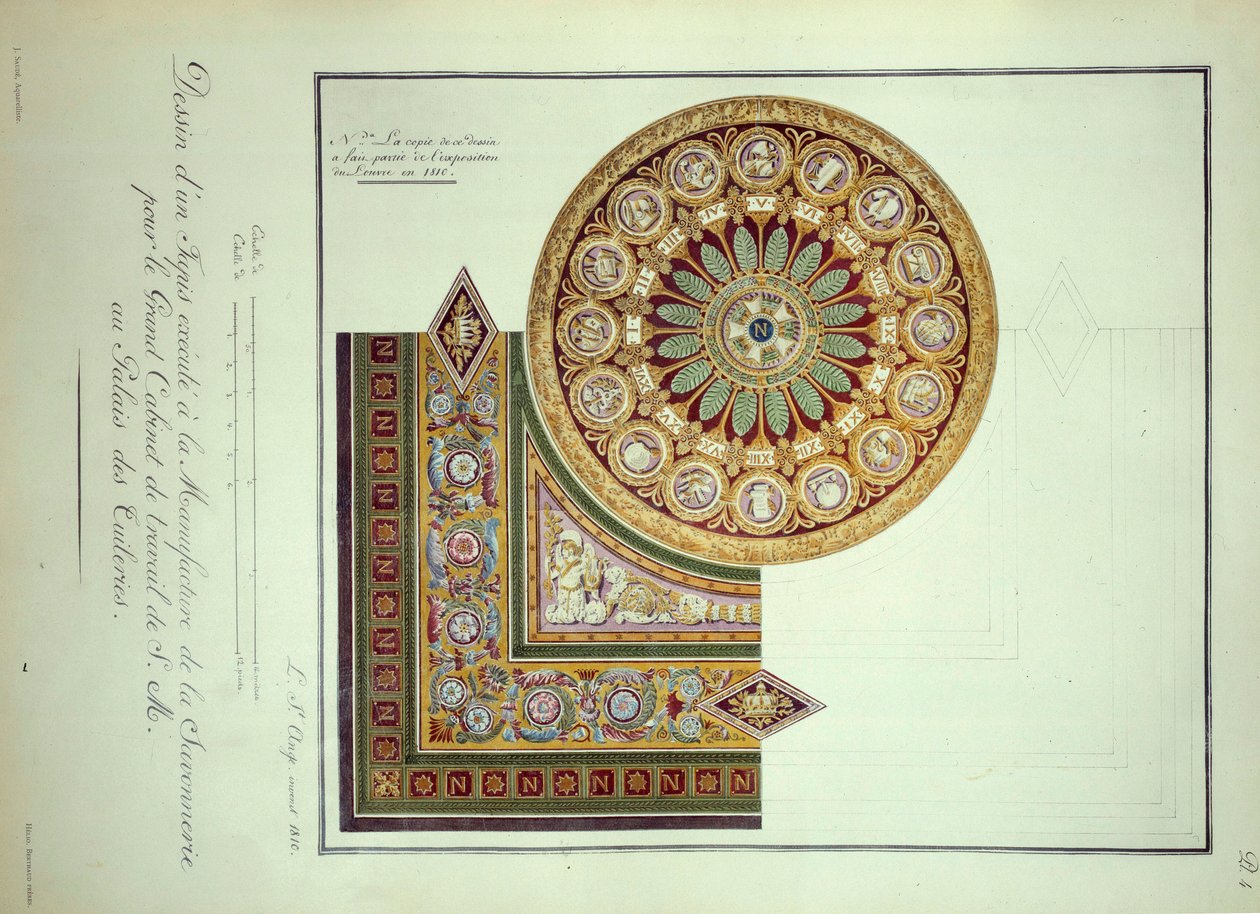 First Empire: design av et teppe utført ved Manufacture de la Savonnerie for Cabinet de Travail til keiser Napoleon I (1769-1821) ved Palais des Tuileries i Paris av French School