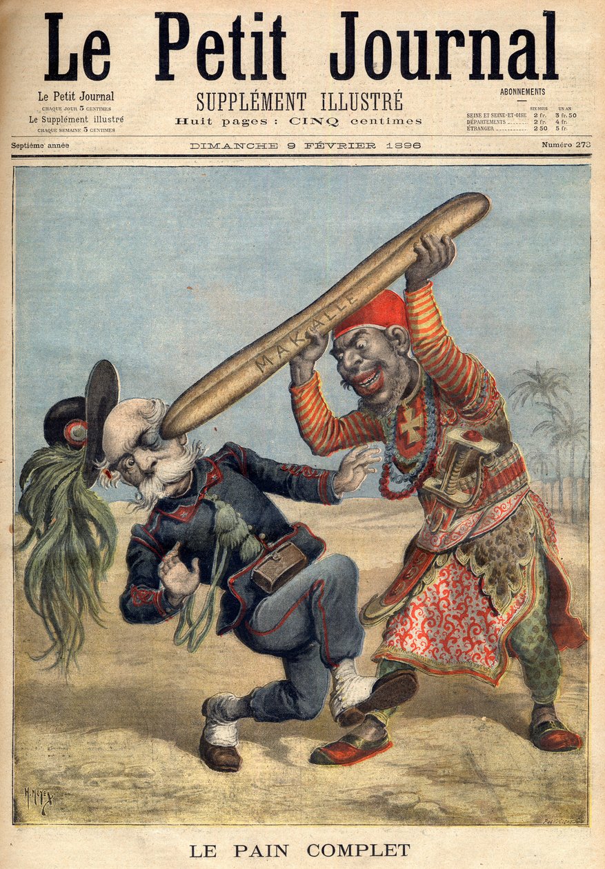 First Italo-Ethiopian War - Caricature of Francesco Crispi (1818-1901) and the defeat of the Italian invading army at the siege of Makalle, Ethiopia - in ”Le Petit Journal” of 09/02/1896 (engraving) av French School