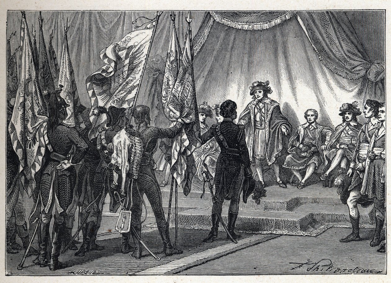 Første koalisjon: Joachim Murat (1767-1815) presenterer for hovedstyret flaggene erobret av den franske hæren, kommandert av Napoleon Bonaparte, under den italienske kampanjen. Gravering fra 1889. Privat samling. av French School