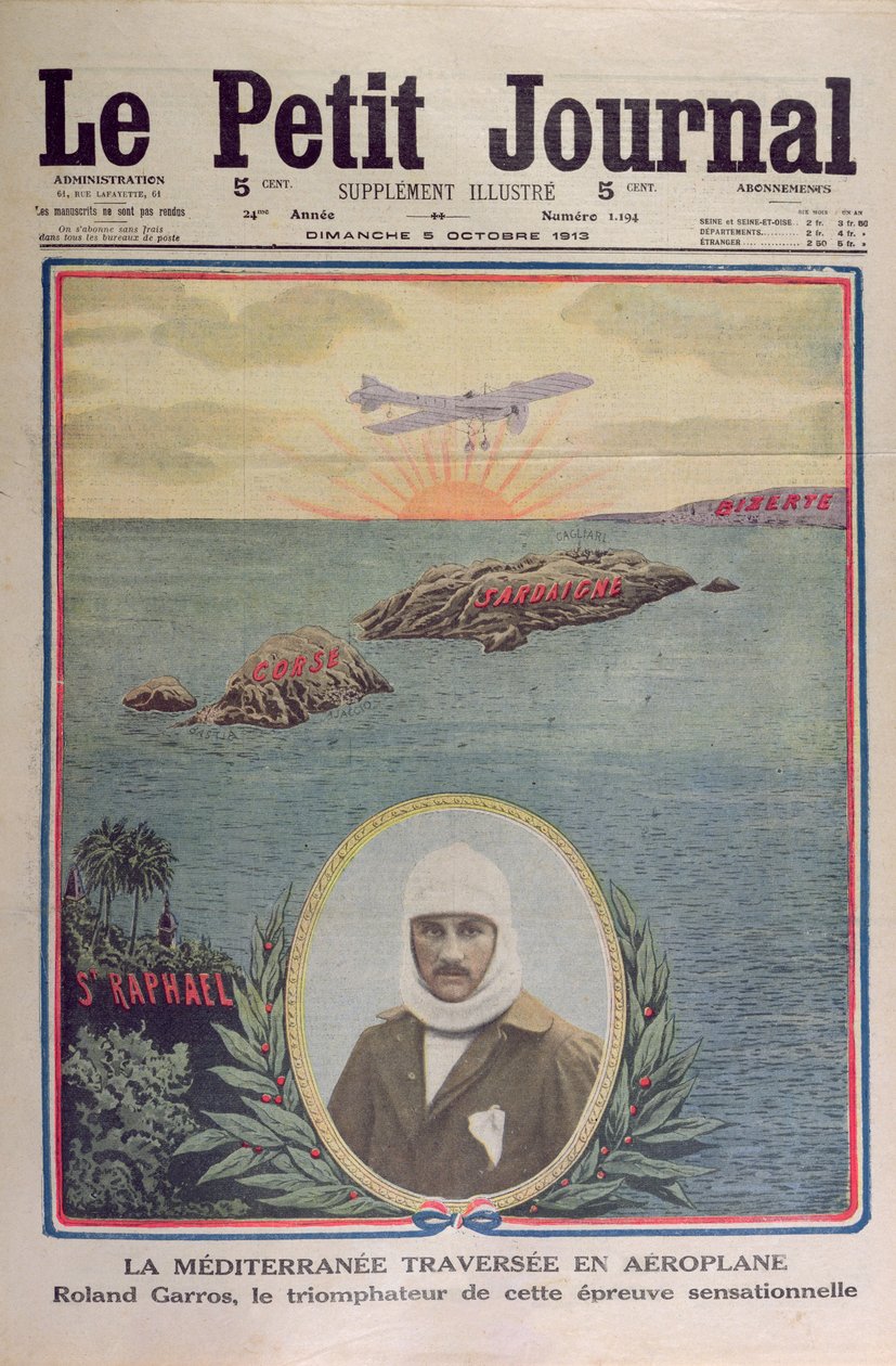Første kryssing av Middelhavet 23. september 1913 av Roland Garros (1888-1918), omslagsillustrasjon av le Petit Journal 5. oktober 1913 av French School
