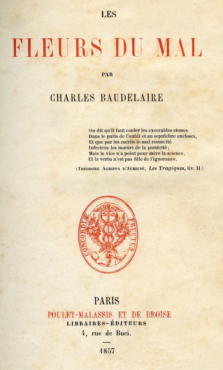 Første utgave av Les Fleurs du Mal av Charles Baudelaire av French School