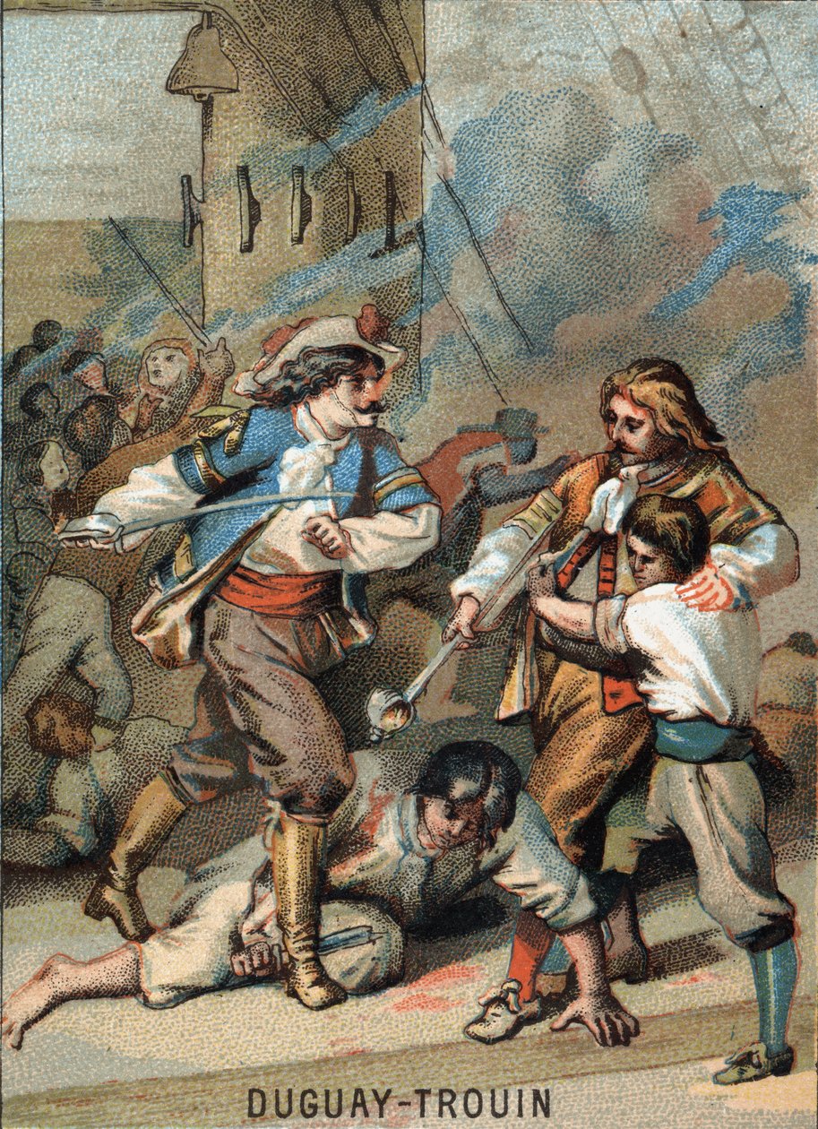Første bragd til Rene Duguay Trouin (Duguay-Trouin) (Rene Trouin du Gue dit) (1673-1736), fransk sjømann: Duguay - Trouin-stridende Wassenaer (1695). Kromolitografi av serien ""Patriotisk utdanning gjennom bilde"". av French School
