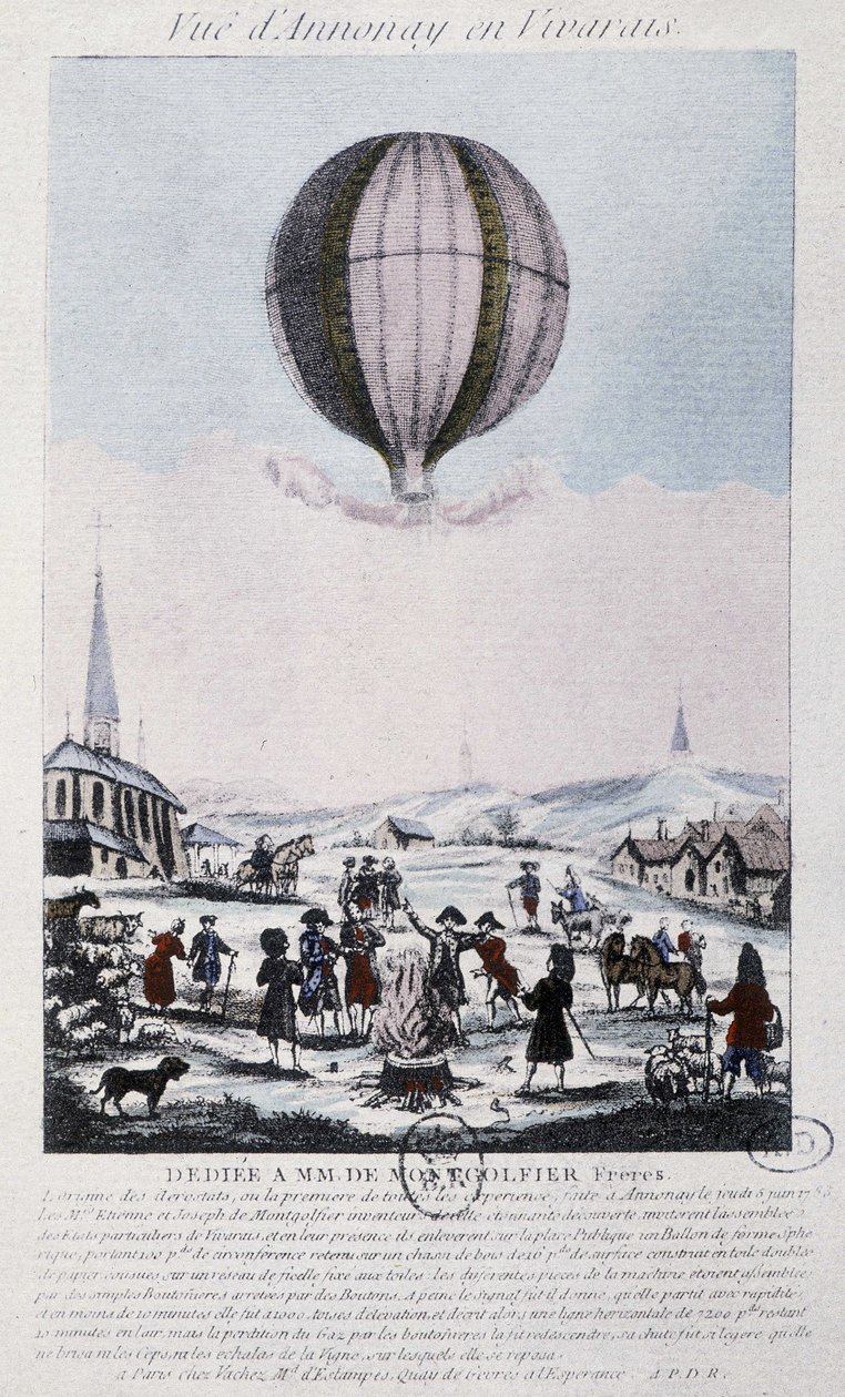 Første flytur til Annonay av Montgolfiers-brødrene i 1783 av French School