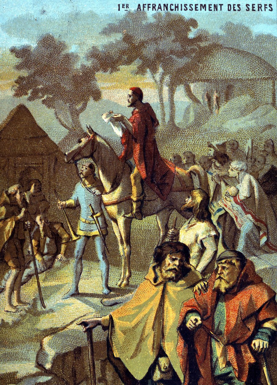Første frigjøring av livegne (1315) av Louis X. Chromolithography of the series “” Patriotic learning through image””. av French School