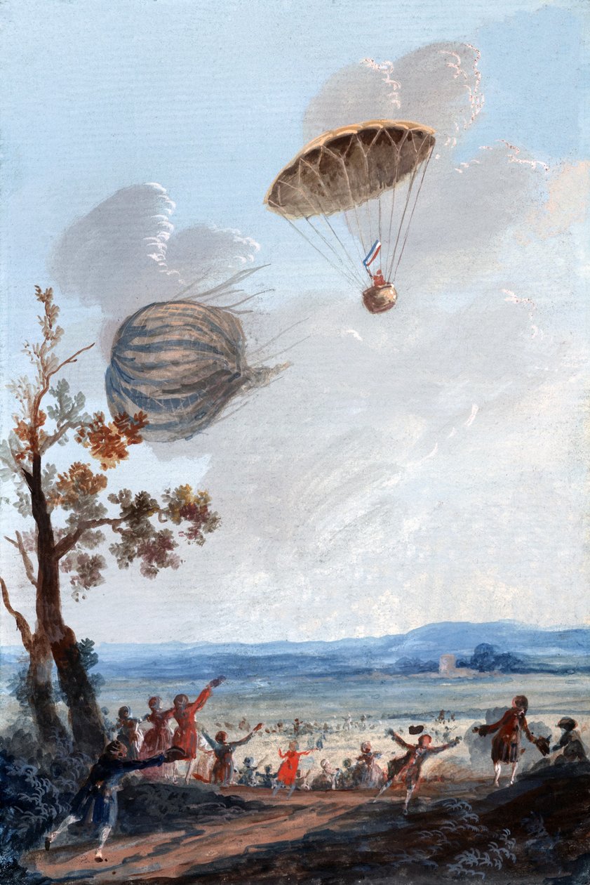 Første mann som gikk ned i fallskjerm, 22. oktober 1797, ved Parc Monceau, Paris, ca. 1797 av French School