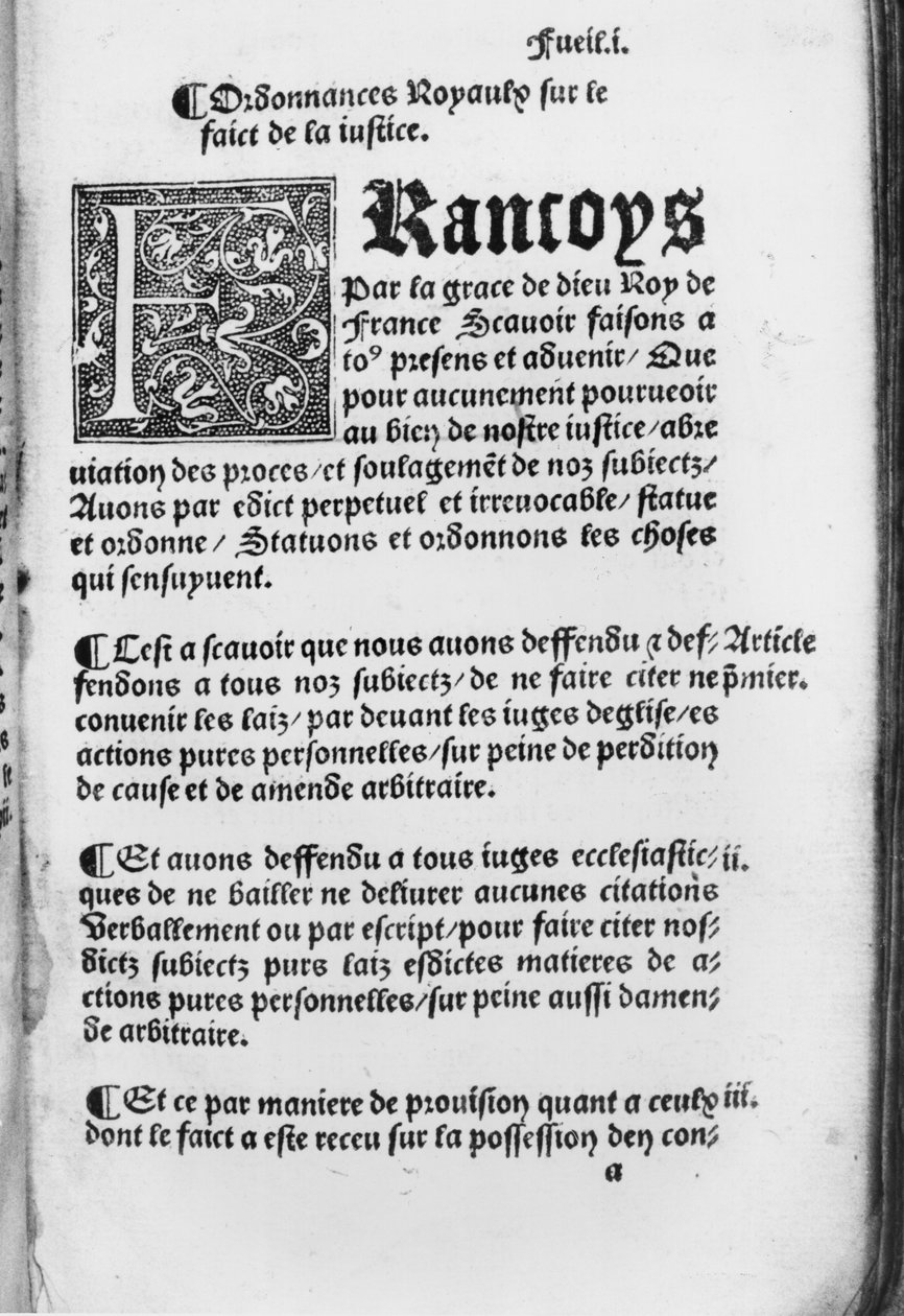 Første side fra Ordinance of Villers-Cotterets, 1539 (trykt papir) av French School