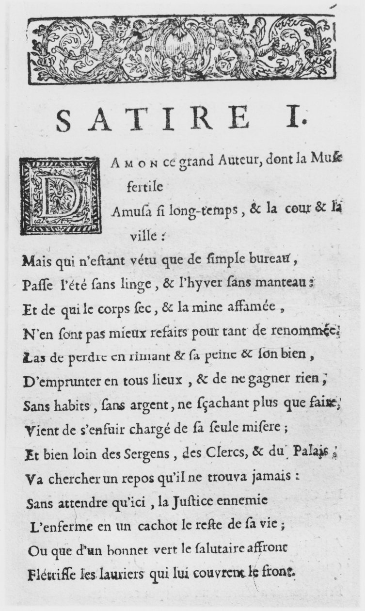 Første side av Satires av Nicolas Boileau, kjent som Boileau-Despreaux, utgitt i 1685 av French School