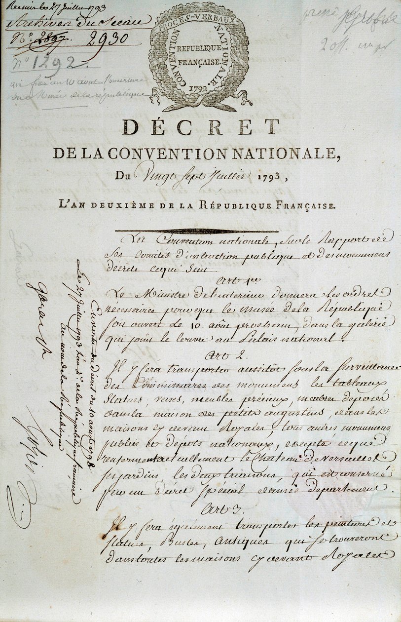 Første side av hemmeligheten til den nasjonale konvensjonen av 27.07.1793 som etablerte Palais du Louvre som et museum av French School