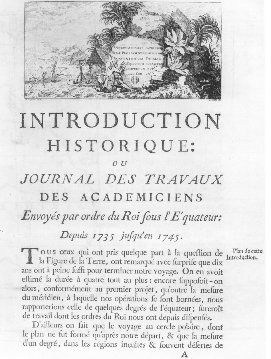 Første side av introduksjonen til Journal des Travaux des Academiciens Sendt etter ordre fra Kongen under Ecuador fra 1735 til 1745 av Charles Marie de La Condamine (1701-74) 1751 (bw av French School