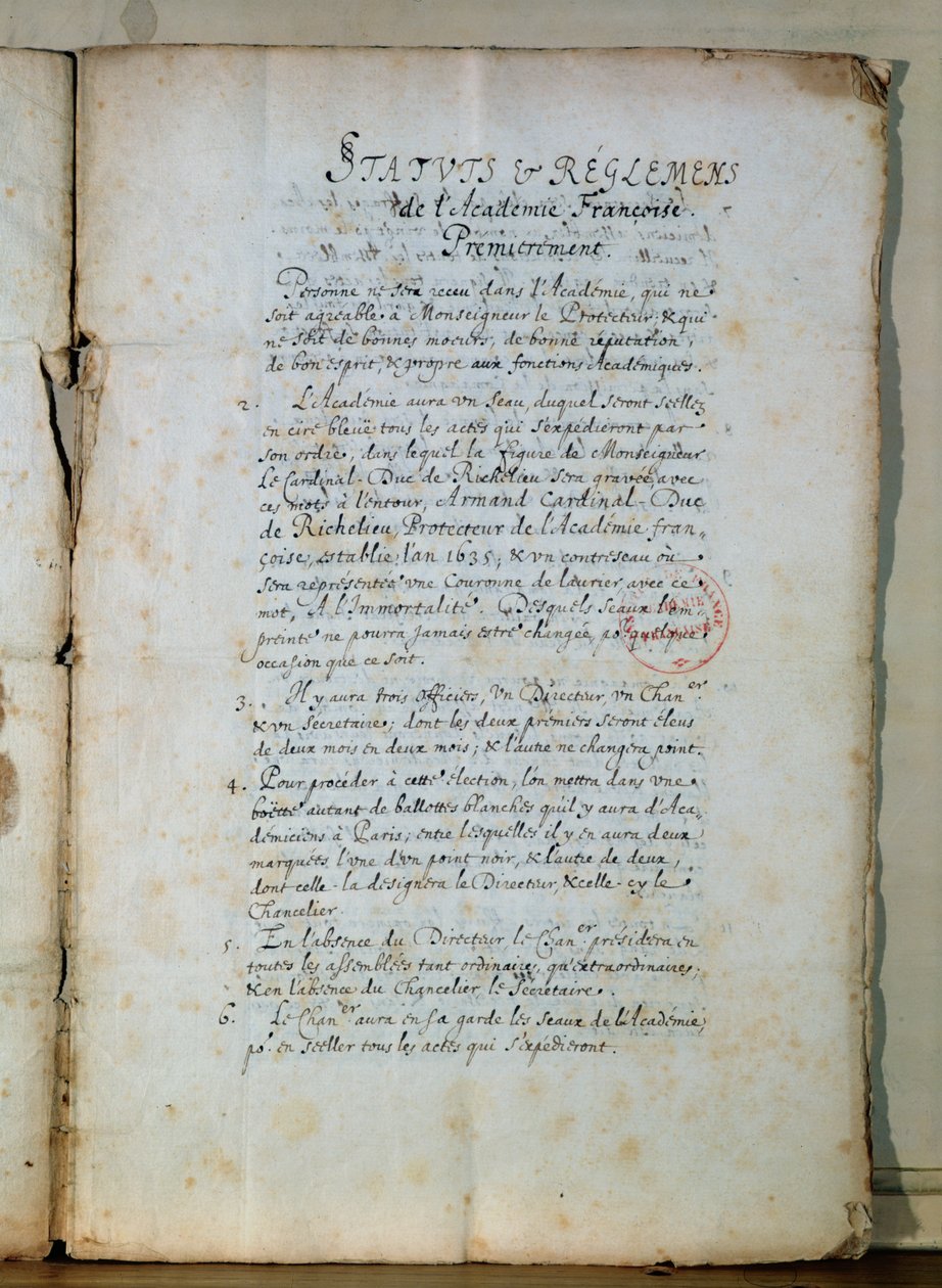 Første side av statuttene til det franske akademiet, 1635 (blekk på papir) (se også 179947) av French School