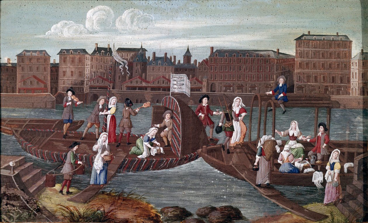 Fisk og lavendel på baksiden. Detalj på baksiden viser fritiden til lavendeltrærne som spiser, prater med andre håndverkere (vannbærer, skopuss) og danser på en båt i Seinen. Maleri av den franske skolen på 1600-tallet av French School