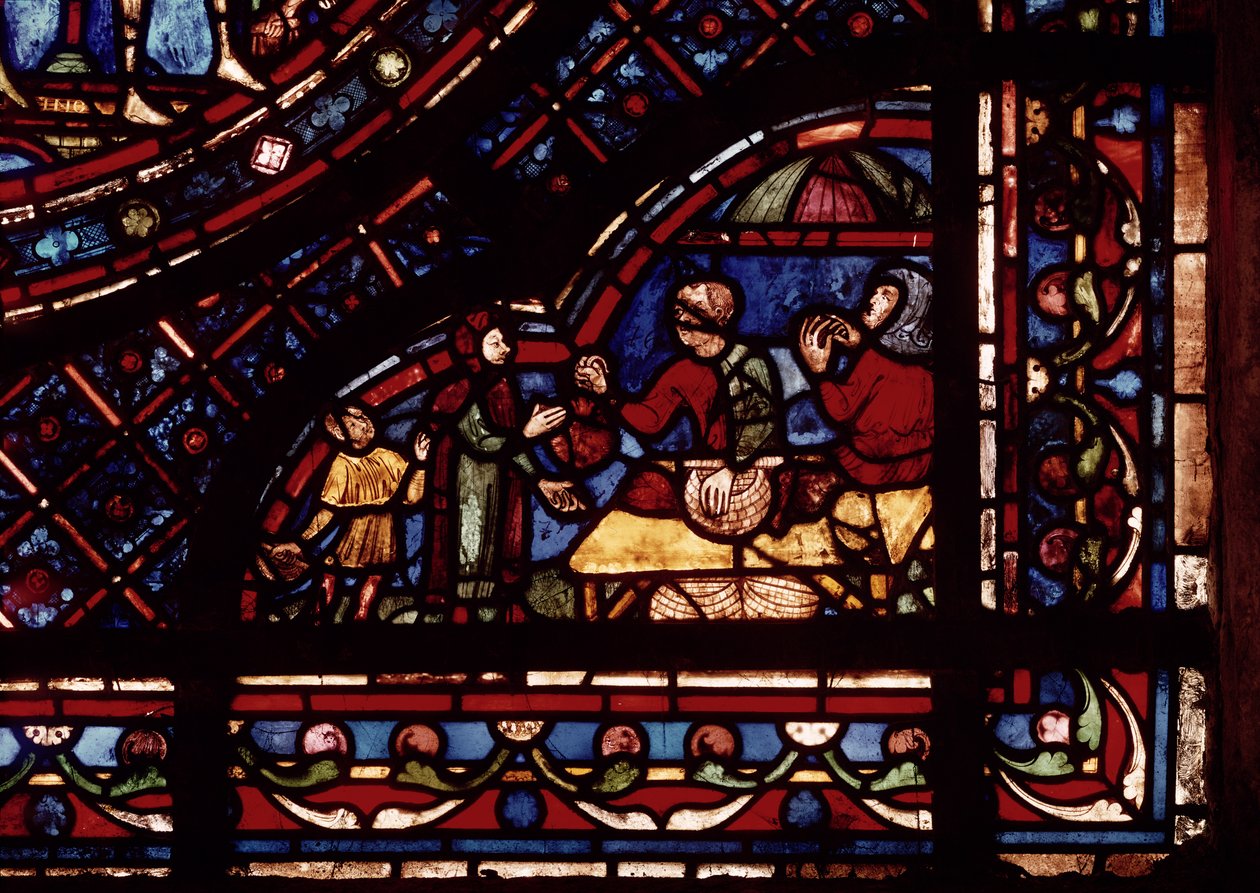 Fiskehandlere, detalj fra et vindu som viser scener fra St. Anthonys liv, fra ambulatoriet i sør av French School