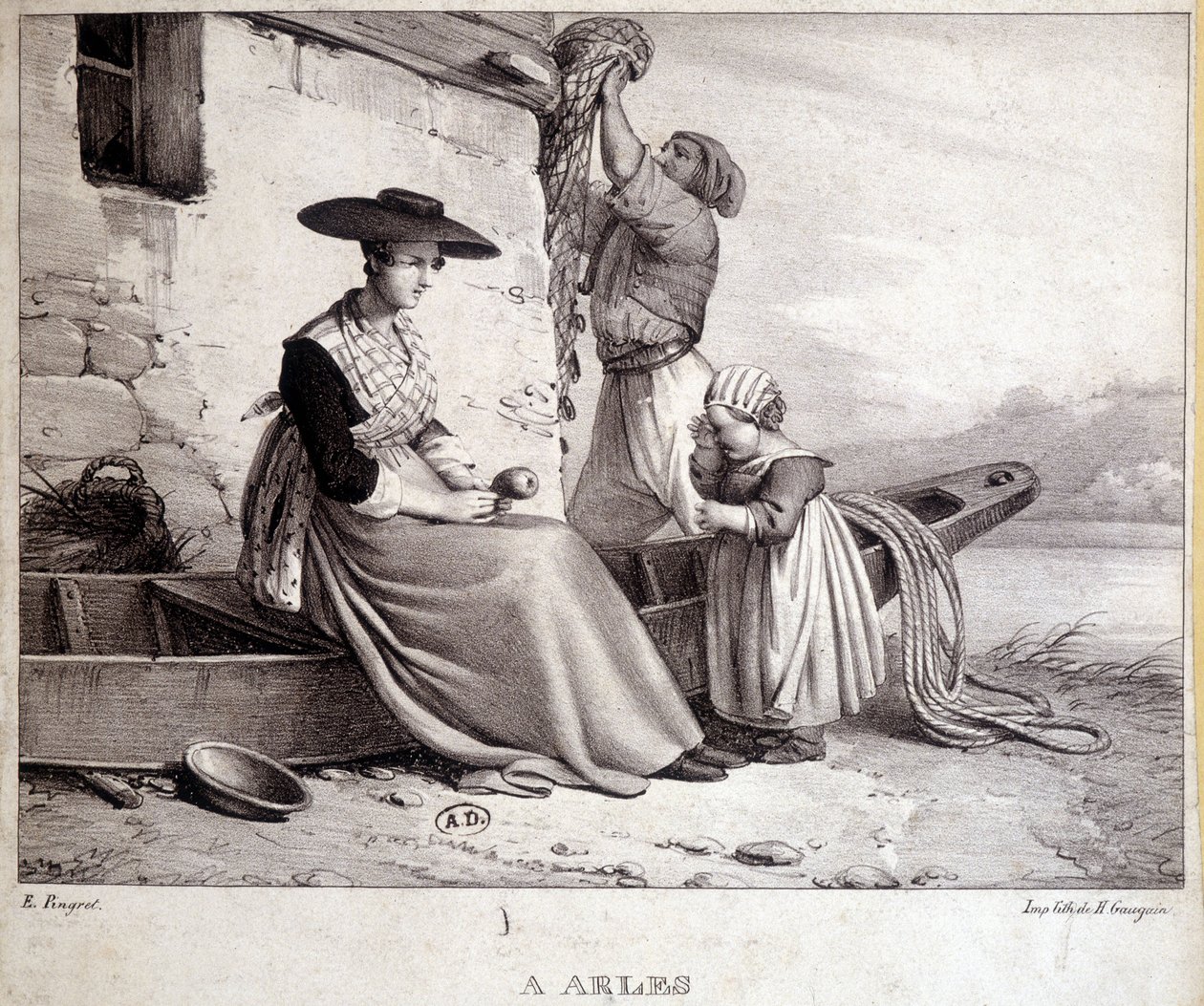 Fisherman, hans kone i regional drakt og deres barn i Arles av French School