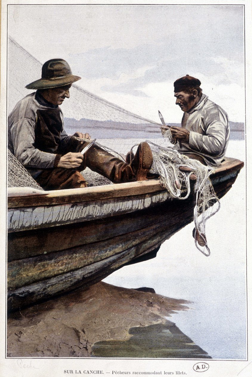 Fiskere som roer garn om bord, v. 1895 av French School