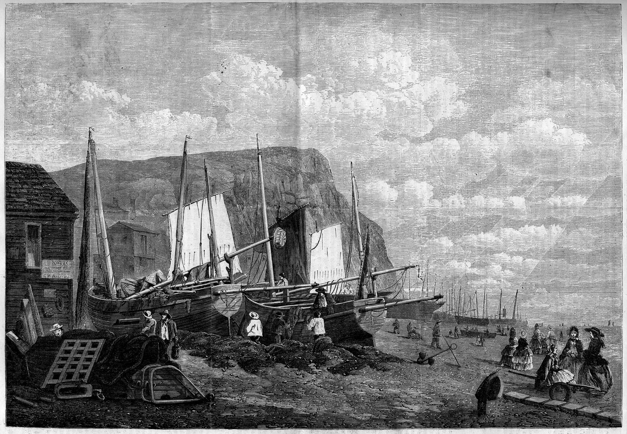 Fiskebåter på Hastings Beach, England av French School