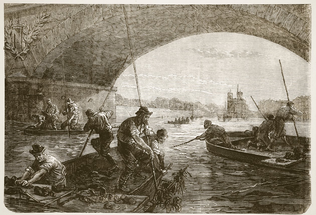 Fiske etter våpen i Seinen, illustrasjon fra Cassells historie om krigen mellom Frankrike og Tyskland, 1870-1871 av French School