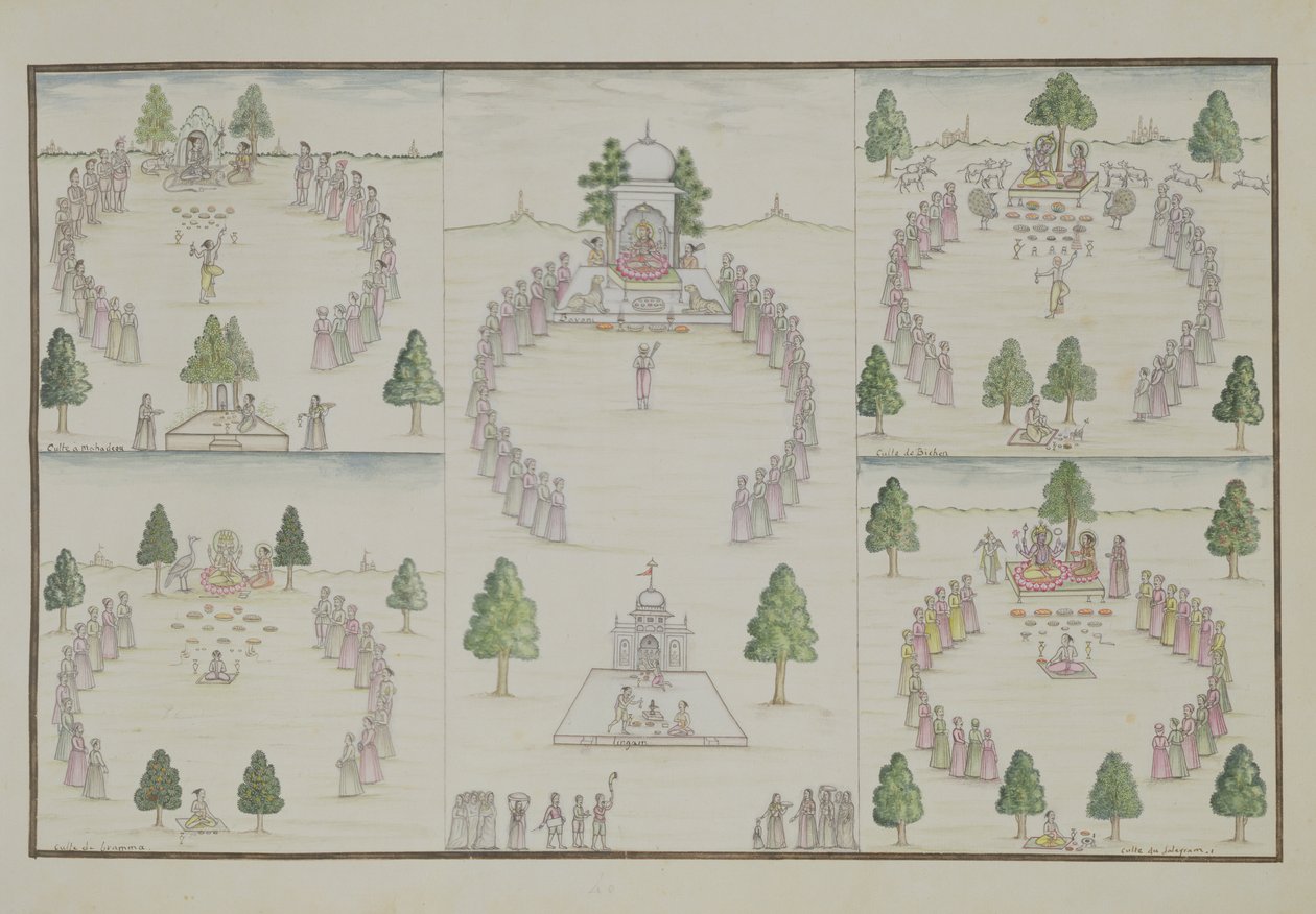 Fem hinduiske kulter: Shiva, Krishna, Vishnu, Brahma og Mother Goddess fra The Gentil Album, utgitt i 1774 av French School
