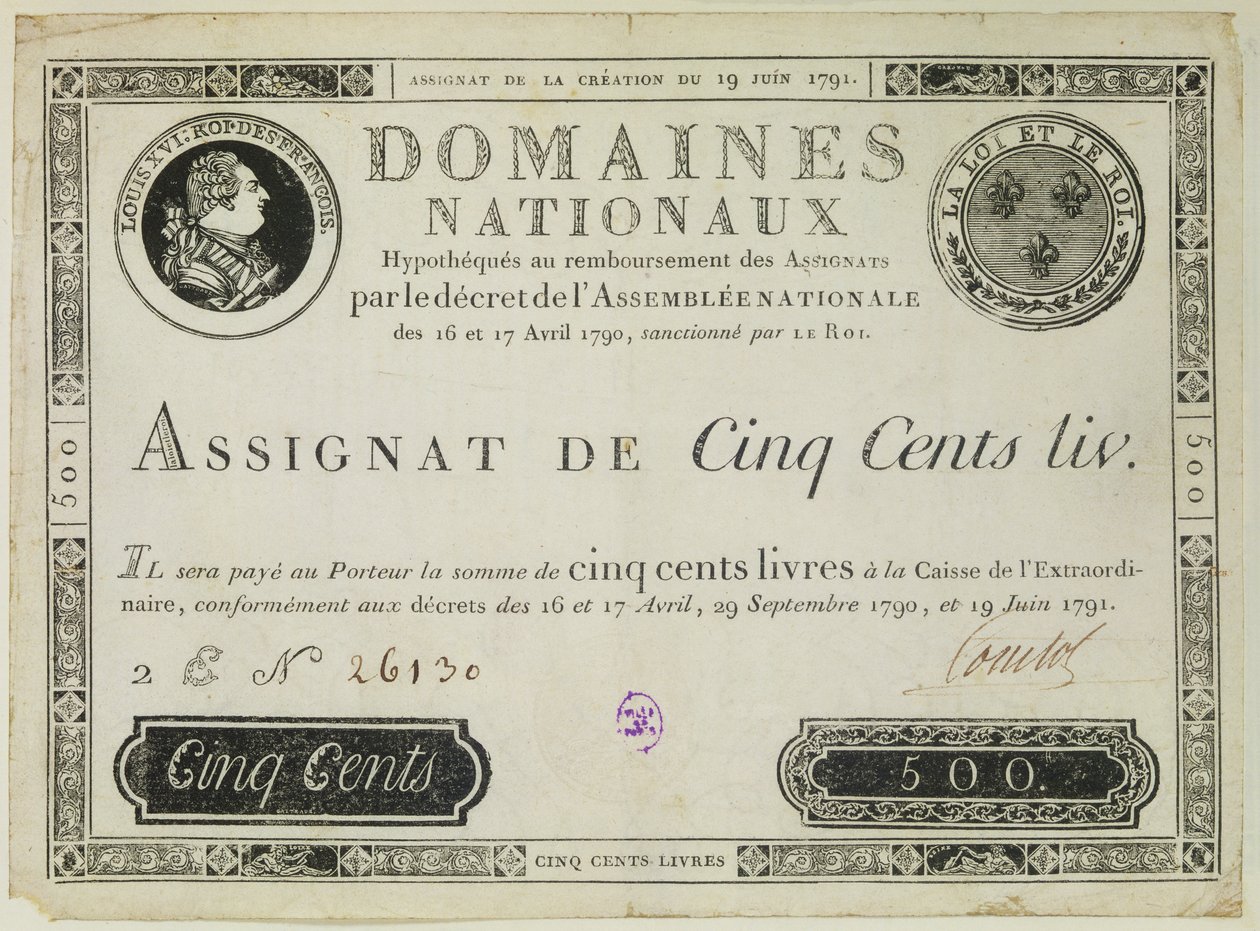 Fem hundre livres seddel, 19. juni 1791 av French School