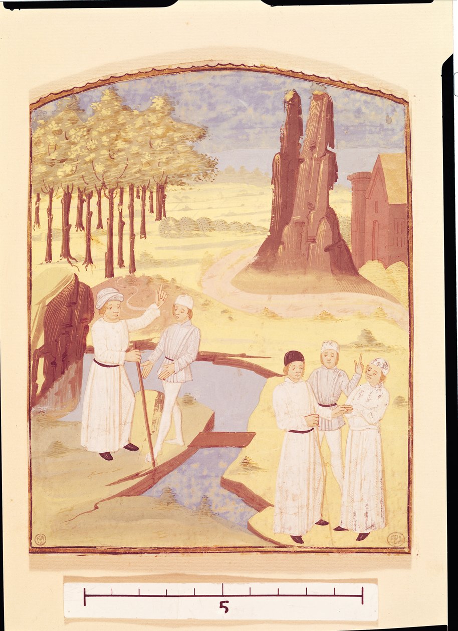 Fem personer som diskuterer hagedesign, fra Livre des Prouffitz Champestres av Pietro de Crescenzi (1230-132021) av French School