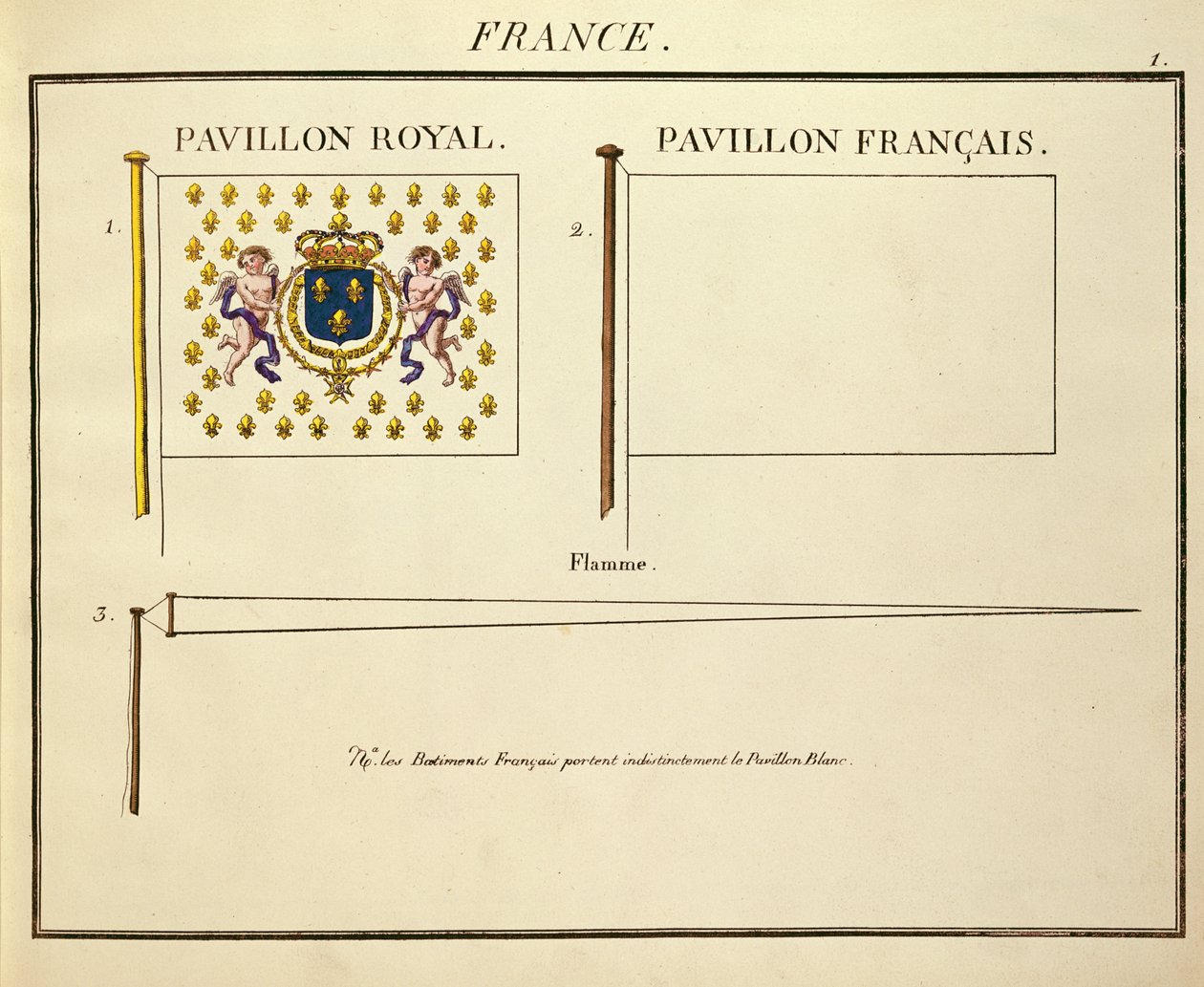 Flagget til Louis XVIII og Charles X, konger av Frankrike, fra Pavillons des Puissances Maritimes (fargegravering) av French School