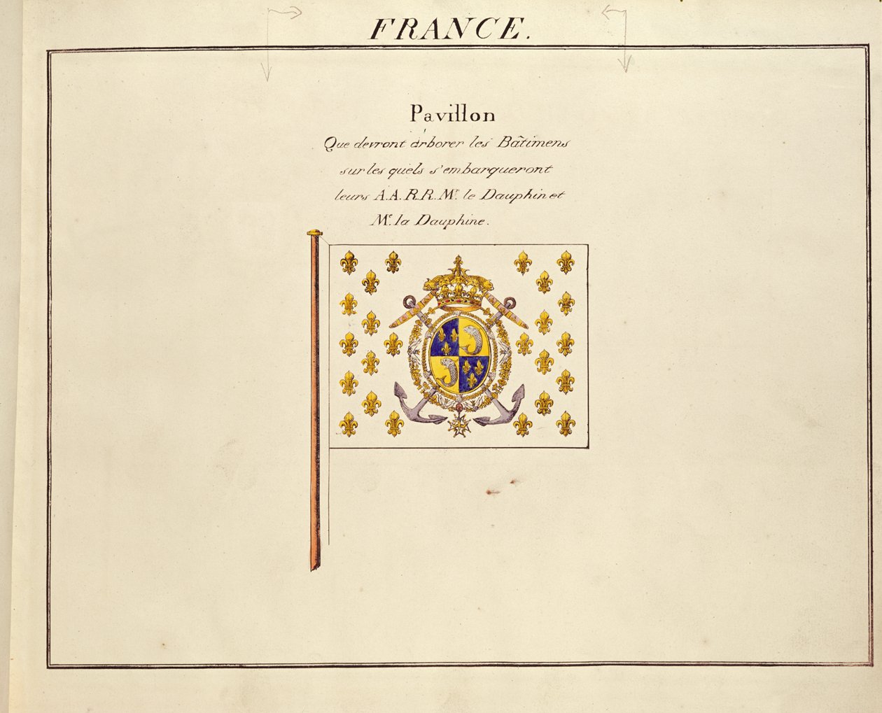 Flagget til Dauphin og Dauphine, Louis-Antoine og Marie-Therese fra Frankrike, fra Pavilions of the Maritime Powers, ca. 1815-30 (fargegravering) av French School