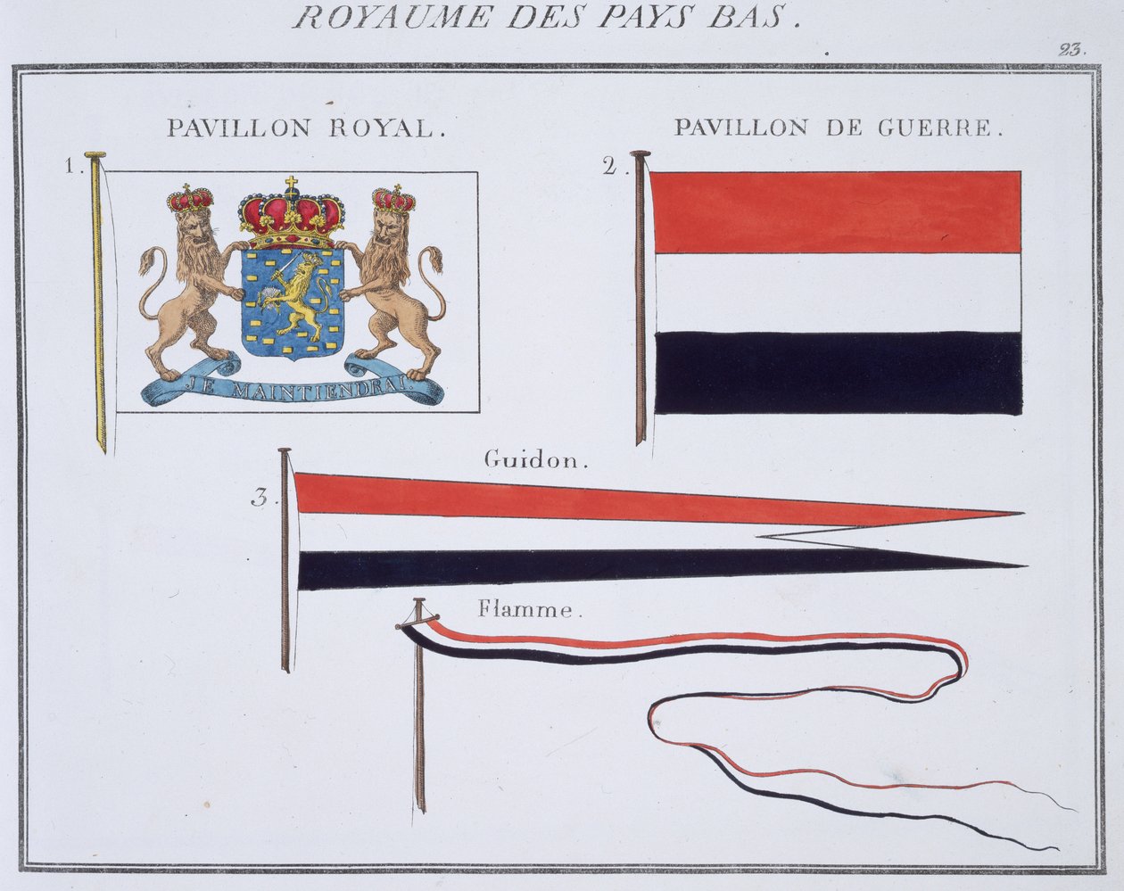 Flagg fra kongeriket Nederland, fra en fransk bok med flagg, ca. 1819 av French School