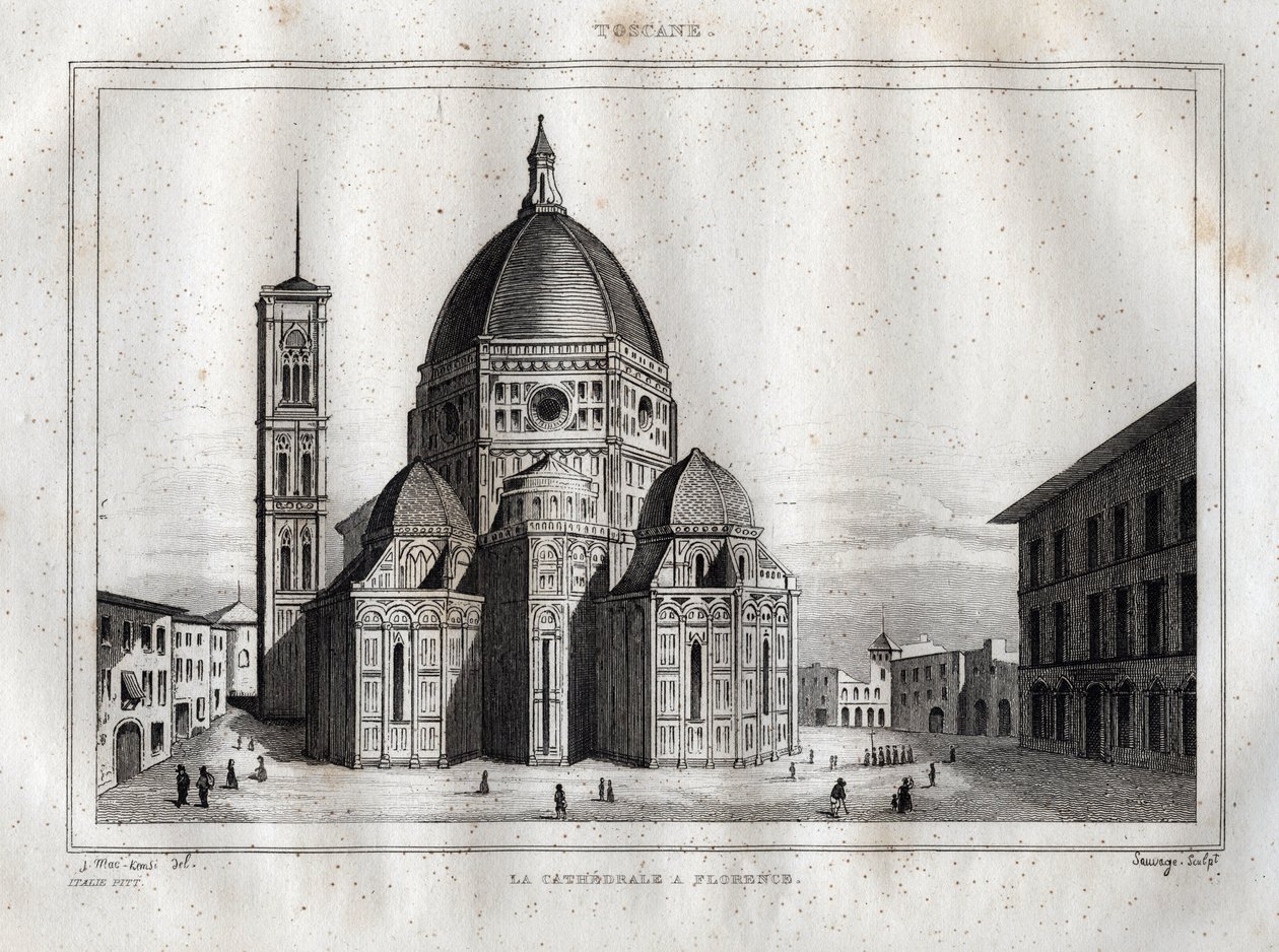 Firenze katedral - Utsikt over katedralen i Firenze (Duomo Santa Maria del Fiore). Kuppelen ble laget av Filippo Brunelleschi rundt 1420-1436, Firenze, Italia - Gravering fra "" Italy Picturesque"" - Historical and Descriptive Table of Italy" av M. de av French School